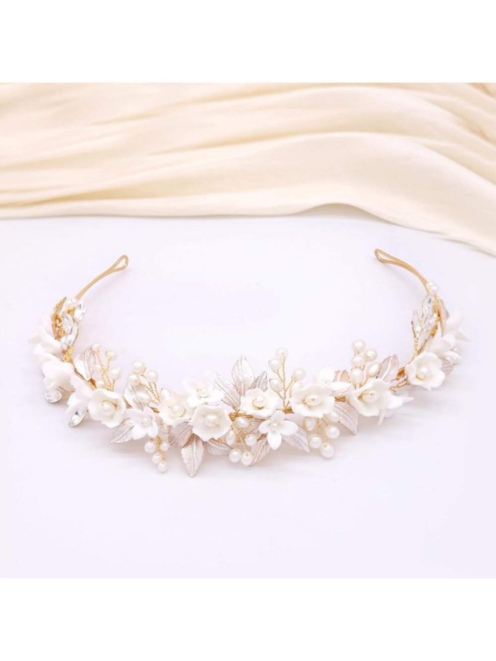 Elegant Gold Bridal Headband with Ceramic Flowers & Pearl Accents - Wedding Hair